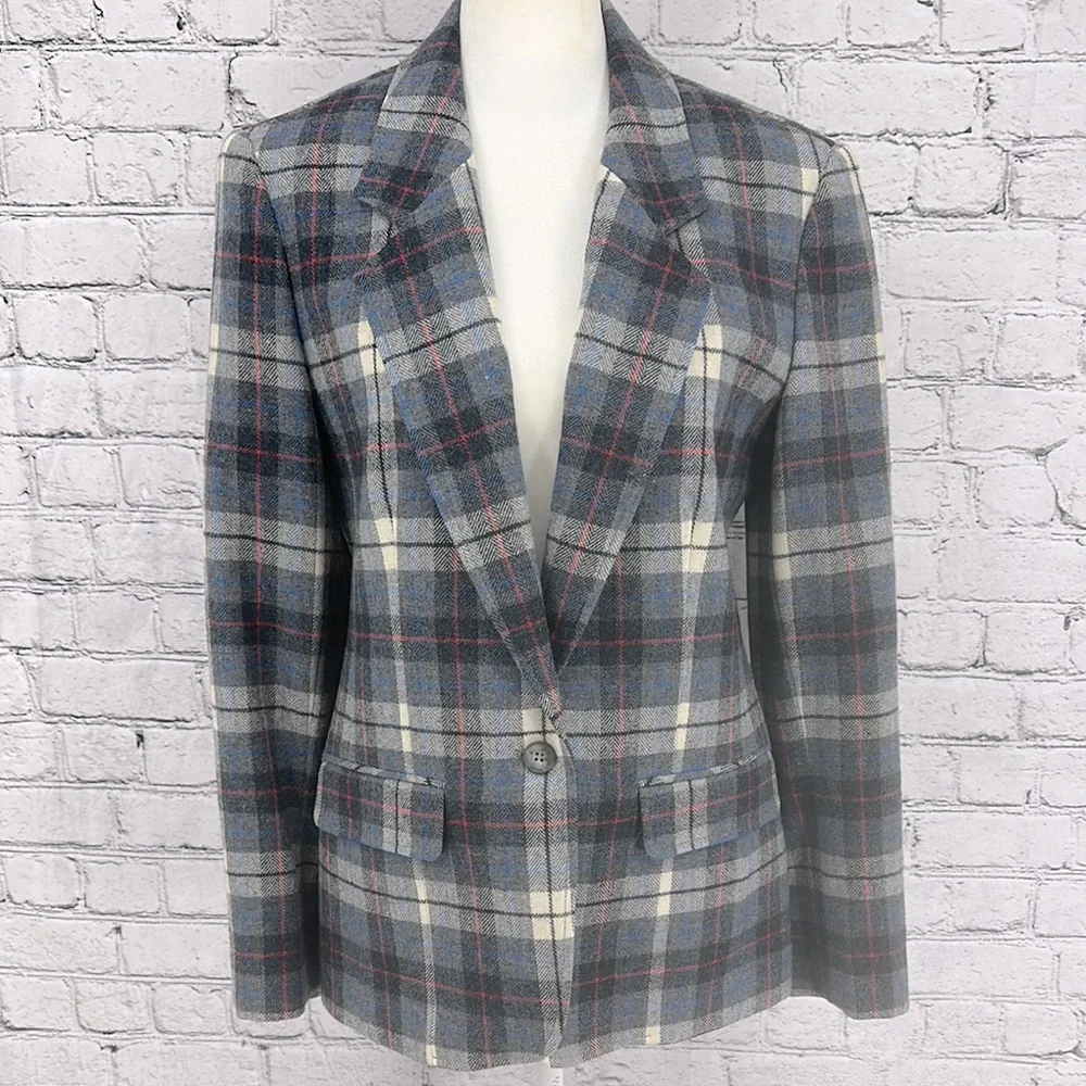 PENDLETON Tweed Virgin Wool Single Button Fitted Plaid Blazer 10 Gray VGC*